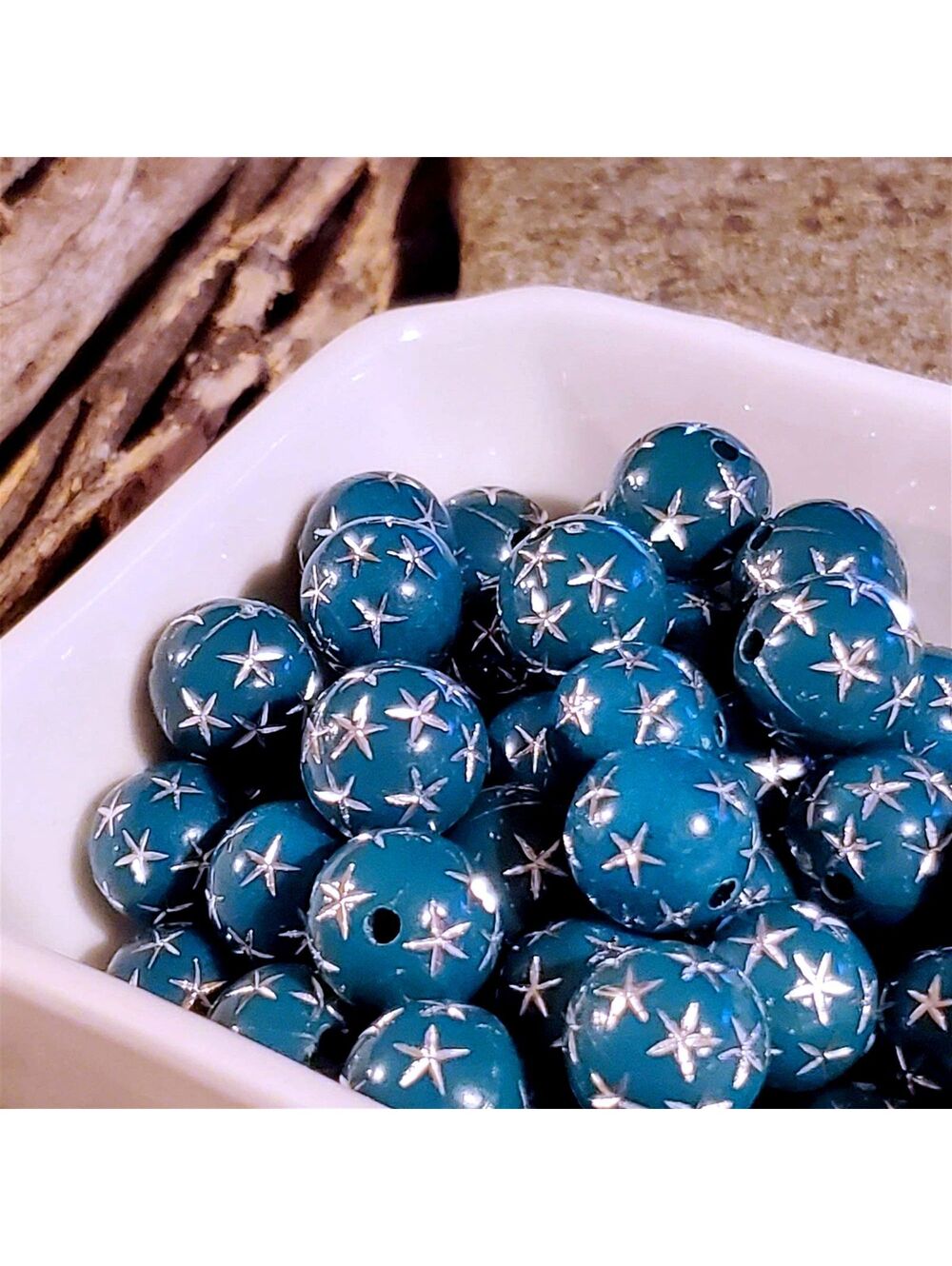 Vintage Retro Teal Green Silver Stars 12mm Round Acrylic Shabby Beads 10 pcs